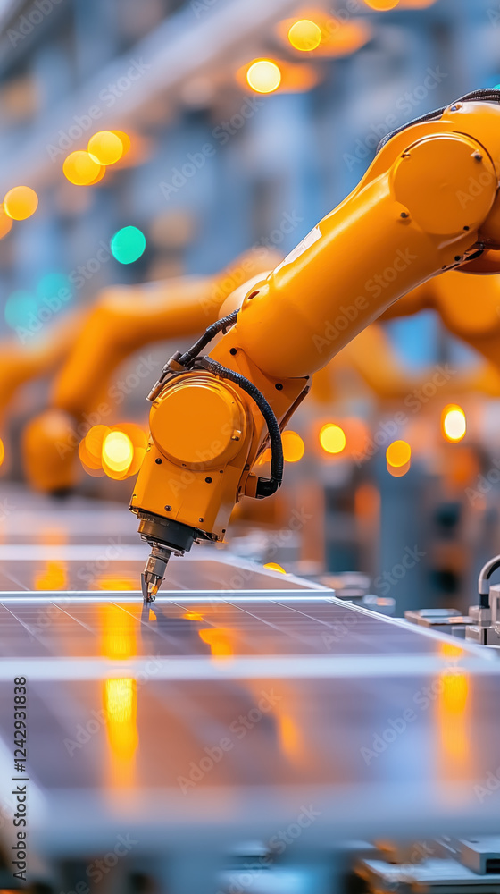 Poster automated robotic arm working on solar panels in production line