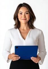 Confident Businesswoman Holding Digital Tablet Portrait Studio Shot White Background