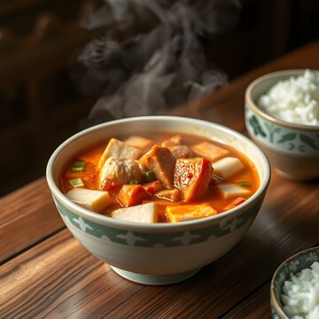 Kimchi Jjigae

Descripci&oacute;n: Se trata de un guiso elaborado con kimchi maduro, cerdo, tofu, cebolla y cebollino. Se le a&ntilde;ade pimiento rojo en polvo y pasta de soja para darle un sabor picante y profund