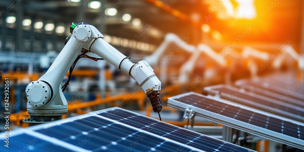 Poster automated robotic arm working on solar panel production line