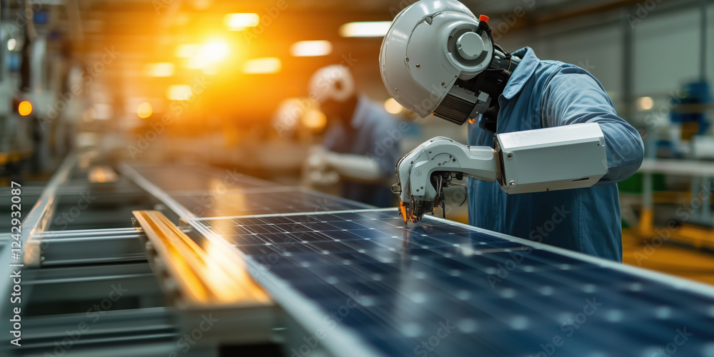 Poster automated robotic arm working on solar panel production line in factory
