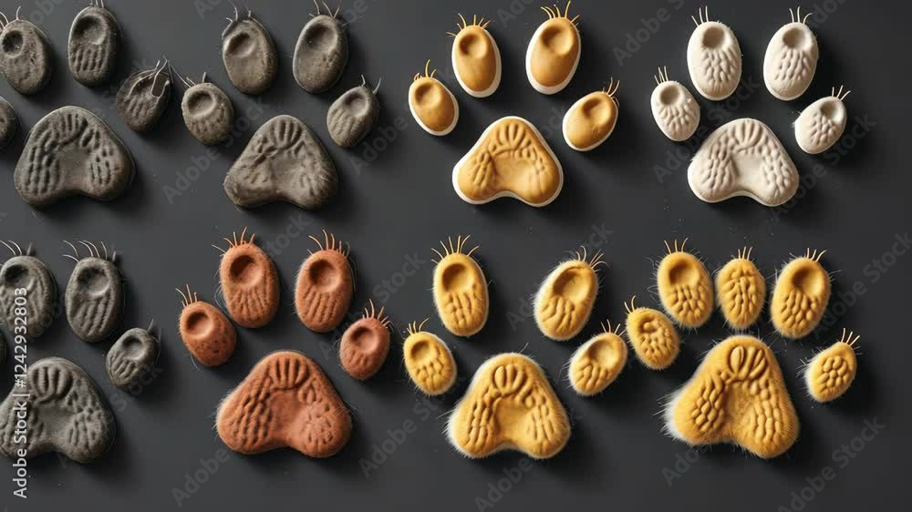 Poster colorful paw prints in various textures create an artistic decorative display