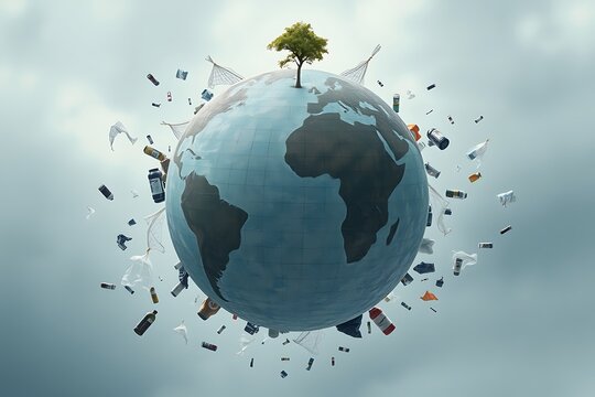 Planet earth globe filled with plastic wastes and carbon emission symbolizing for repent