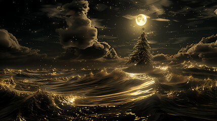 3d modern art mural wallpaper night landscape, white clouds with dark background. Golden Christmas tree, mountain, golden deer, light moon, golden and black waves. for wall decoration