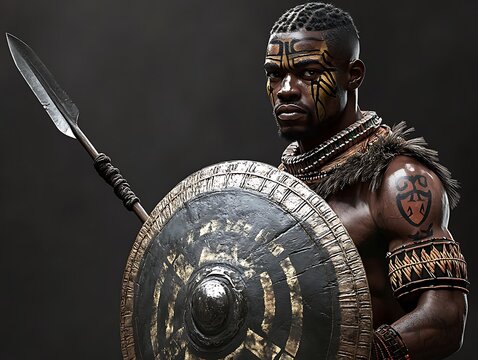 Zulu warrior with shield and spear showcasing ancestral markings and tribal symbols