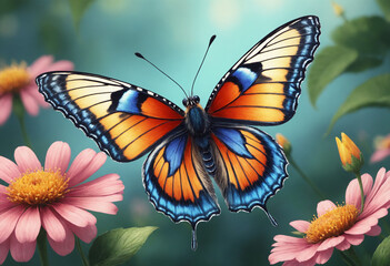 Fototapeta premium Vibrant butterfly perched on flowers in a colorful garden setting, stunning close-up detail, copy space
