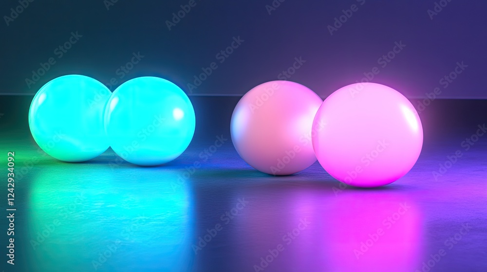 Poster glowing spheres reflecting neon light on a smooth surface