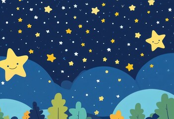 Cheerful night sky with smiling stars and hills in a playful landscape, vibrant illustration, copy space