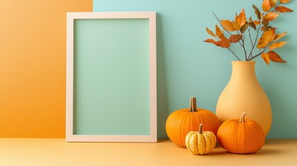 Autumn decor with pumpkins and a photo frame.