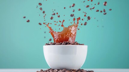A creative coffee concept featuring a vibrant splash caught mid-air, with a perfect contrast of white ceramic and the rich, dark tones of coffee beans.