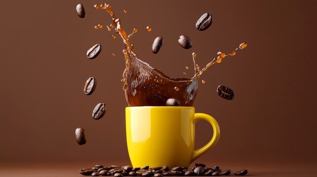 A creative display of coffee action with a yellow mug, splashes, and floating beans, set against a warm and inviting brown background.