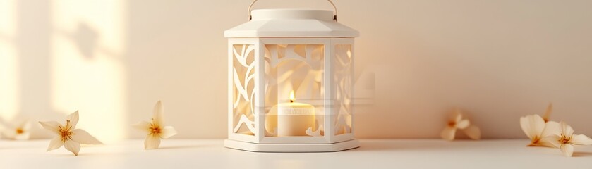 White Lantern Holds A Lit Candle With Flowers Nearby