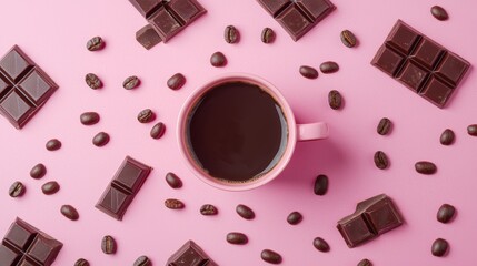 A harmonious coffee and chocolate theme showcasing a pink mug of cocoa, accentuated by a grid of dark chocolate squares and scattered beans.