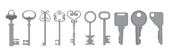 Set of gray vintage keys in cartoon style. Vector illustration of elegant keys of different shapes: circle, square, hearts with curls, carvings isolated on white background. Keys for opening locks.