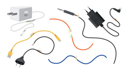 Set of damaged cables, chargers in cartoon style.Vector illustration of electrical damaged cables,wires,sockets,chargers of various colors and shapes:yellow, orange,blue isolated on white background.