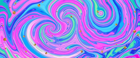 Colorful swirling patterns with gold accents on blue background