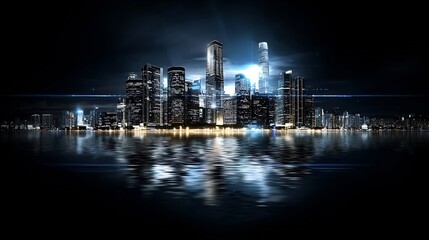Obraz premium Night cityscape reflection, harbor, urban skyline, city lights, dark background, website banner