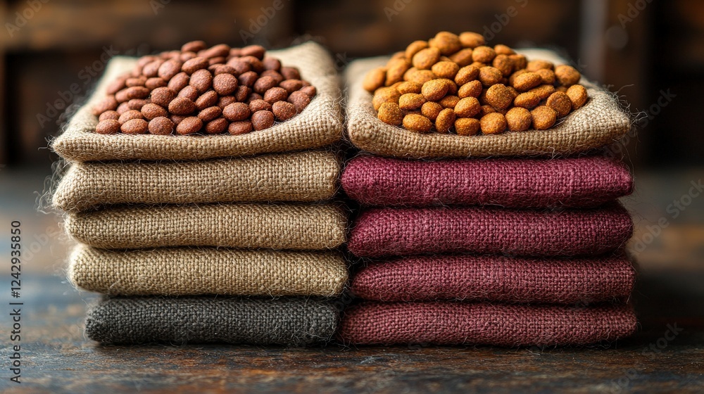 Poster a vibrant display of assorted nuts and seeds in burlap sacks arranged neatly on a rustic table