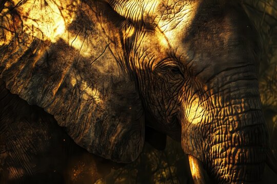 close-up of majestic african elephant in golden savanna light, textured skin details, gentle eyes, tusks catching sunlight