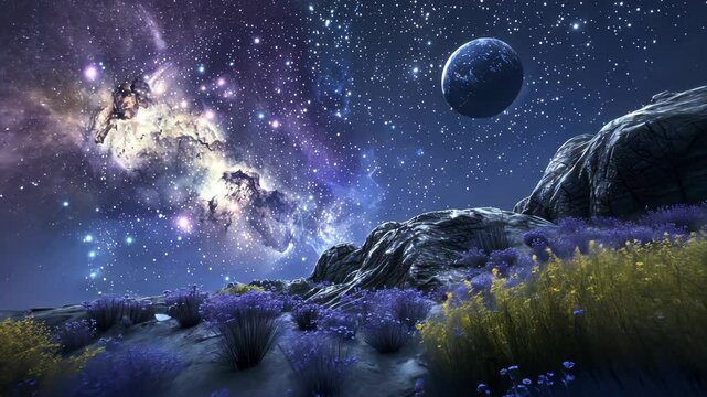 Celestial Lavender Fields: A breathtaking vista of lavender fields under a vibrant, star-studded night sky, featuring a swirling nebula and a distant planet.