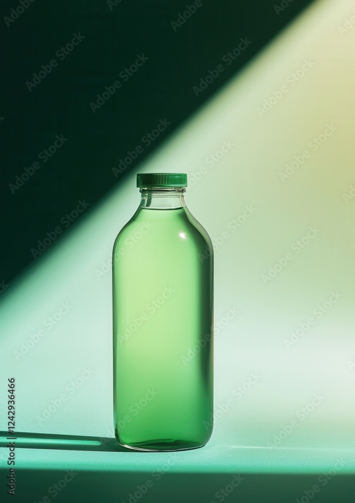 Poster close-up of a green glass bottle with a green cap. the bottle is placed on a white surface with a gr