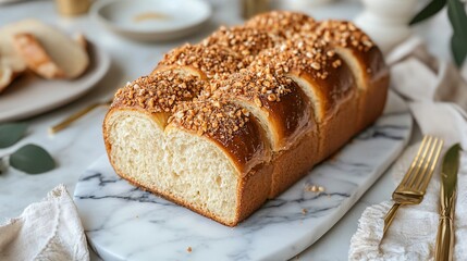 Naklejka premium An artisanal Paska bread with a crunchy caramelized sugar topping, styled on a marble platter with gold cutlery