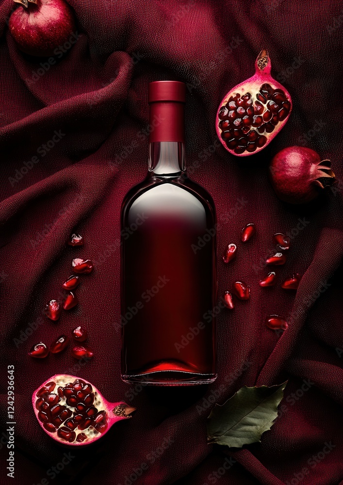 Poster Flat lay of a bottle of red wine on a dark red fabric background. the bottle is in the center of the image and is filled with a deep red liquid.