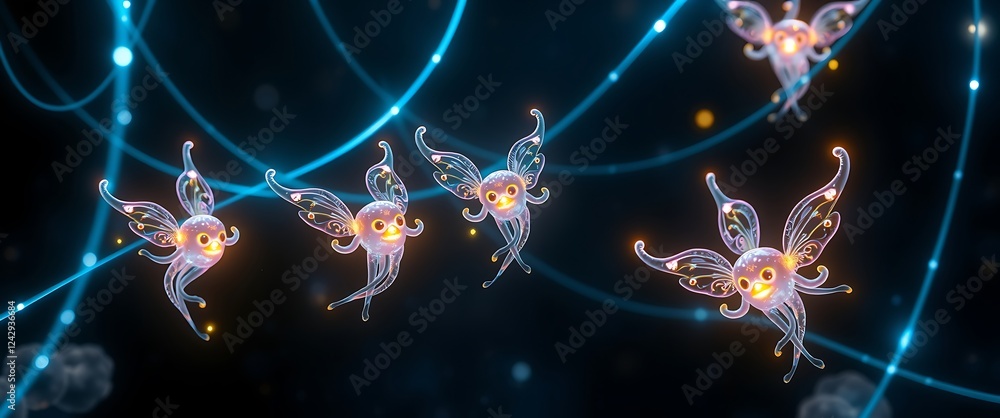 Poster glowing creatures floating in a colorful, dynamic space with light trails