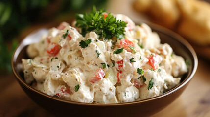 bowl of creamy chicken salad with diced vegetables and fresh herbs garnished with parsley, served in brown dish on wooden table