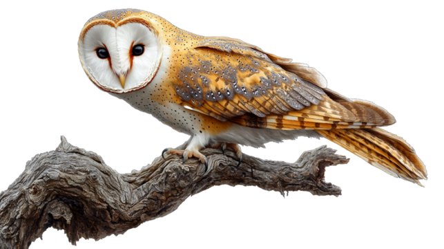 Common barn owl perched gracefully on a sturdy, textured tree branch isolated on white background. Suitable for marketing or business purposes. PNG file