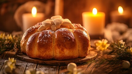 An Orthodox Easter Paska bread with symbolic dough cross decorations, set against a rustic wooden background with warm candlelight