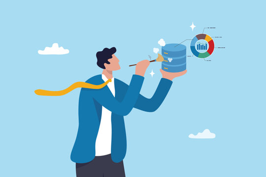 Data cleansing process to arrange, examining or prepare data to be analyzed, preprocessing normalization or validate missing data concept, businessman cleaning database metaphor of cleansing process.