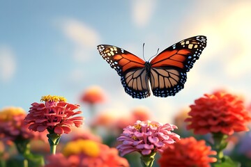 Obraz premium A stunning butterfly captured mid-flight above a patch of bright zinnias, showcasing the dynamic motion and colorful beauty of both butterfly and blooms.