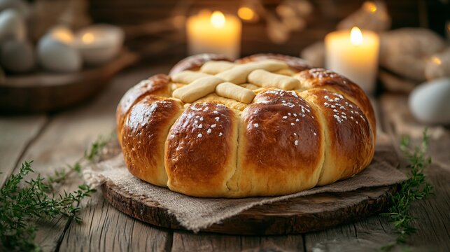 An Orthodox Easter Paska bread with symbolic dough cross decorations, set against a rustic wooden background with warm candlelight