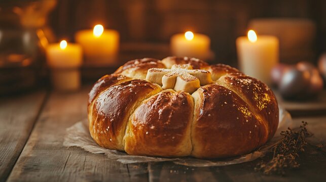 An Orthodox Easter Paska bread with symbolic dough cross decorations, set against a rustic wooden background with warm candlelight