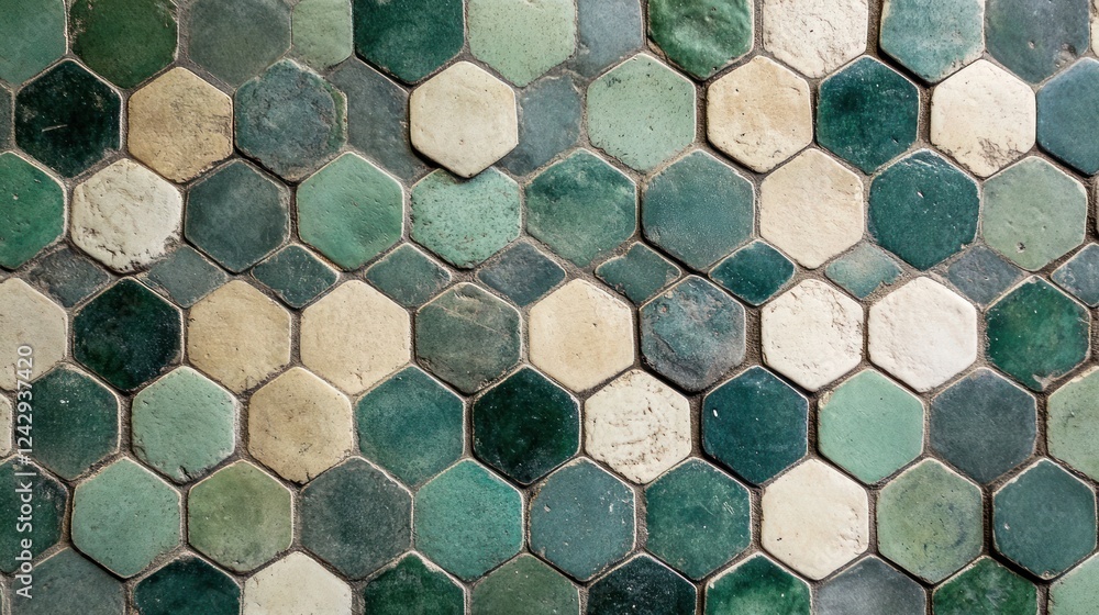 Poster Green and Beige Hexagonal Tile Pattern Floor