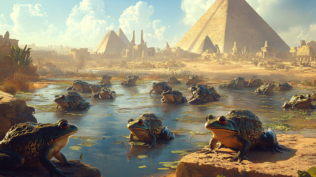 A historical image depicting a plague of frogs invading ancient Egypt.