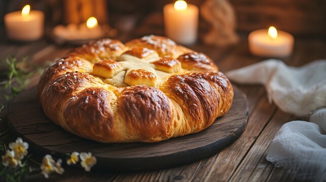An Orthodox Easter Paska bread with symbolic dough cross decorations, set against a rustic wooden background with warm candlelight