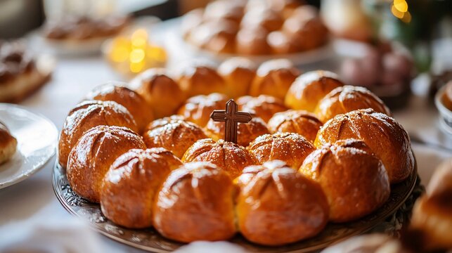 Miniature Paska breads arranged in a circular formation, each topped with a small decorative cross, presented on a festive table