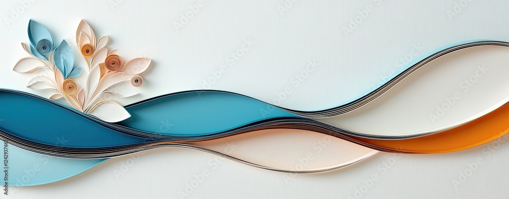 Poster quilling techniques textured layers, elegant minimalist quilling composition with flowing waves and 
