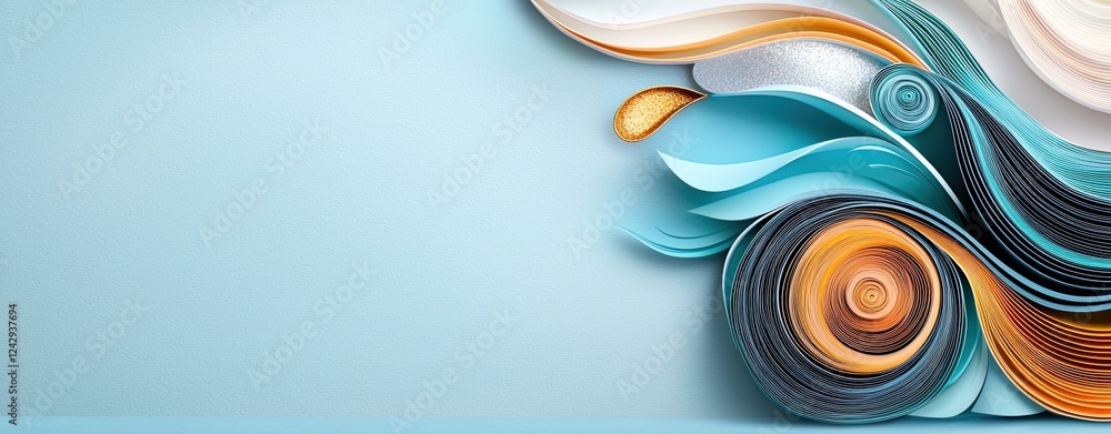 Poster quilling techniques textured layers, artistic minimal quilling composition with colorful swirls and 