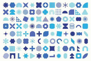 Collection of 104 geometric graphic elements. Brutalist style abstract shapes. Retro design. Vector illustration