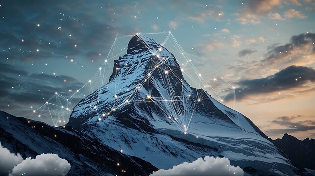A serene mountain peak with digital wireless nodes connecting it to a global cloud network, visualized as luminous threads across the sky.