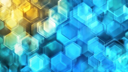 A vibrant abstract pattern of interlocking hexagons in shades of blue, teal, and yellow, with subtle gradients and textured