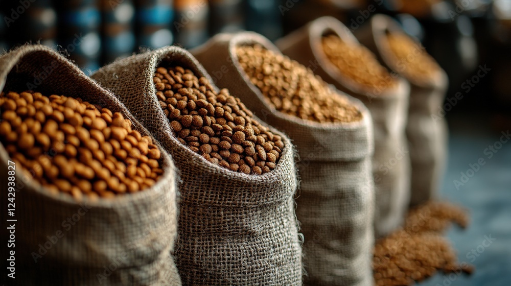 Poster A row of burlap sacks filled with various types of coffee beans in a rustic market setting