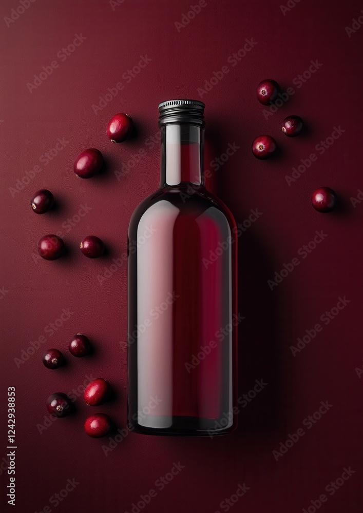 Poster flat lay of a red wine bottle with a black cap. the bottle is placed on a dark red background with s
