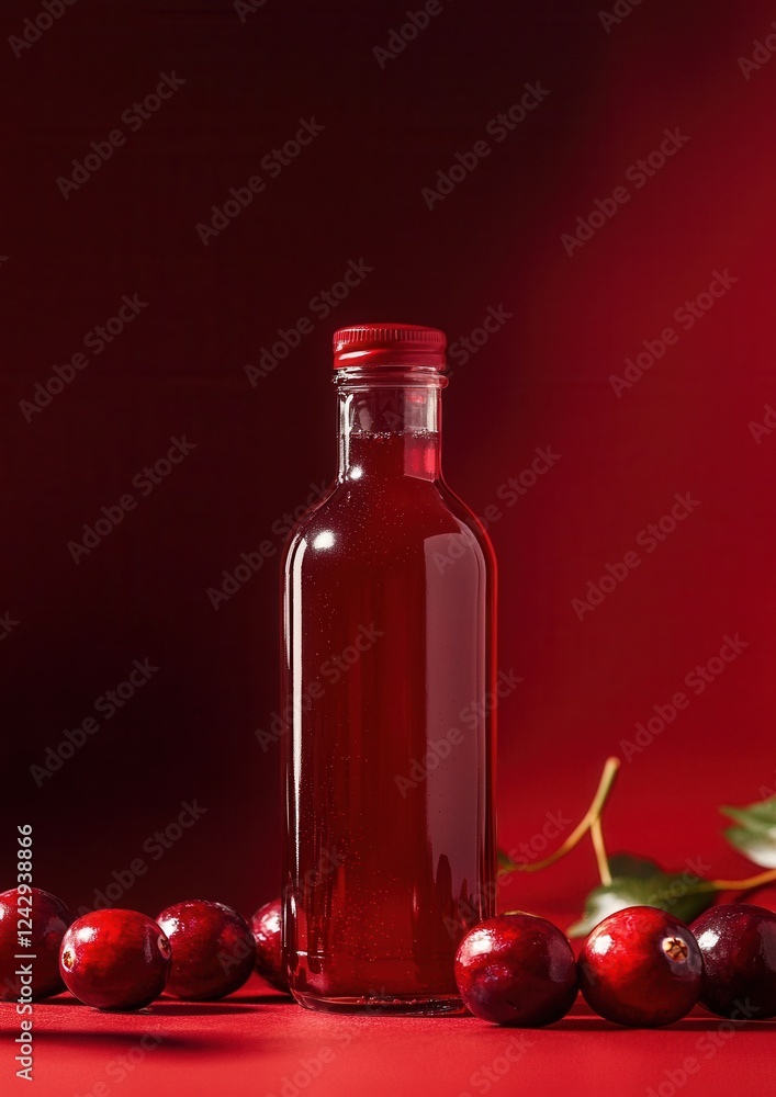 Poster glass bottle with a red cap and a red liquid inside. the bottle is placed on a red surface with a fe