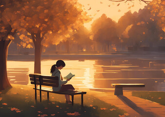 Obraz premium Serene Autumn Sunset Woman Reading on Park Bench by Lake
