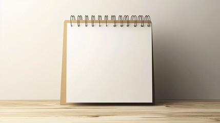 Blank spiral notepad standing on wooden table with white wall background