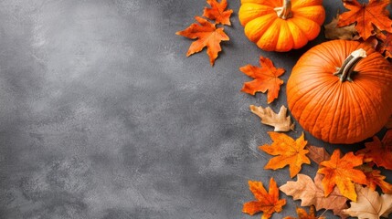Autumn pumpkins and colorful leaves arrangement.